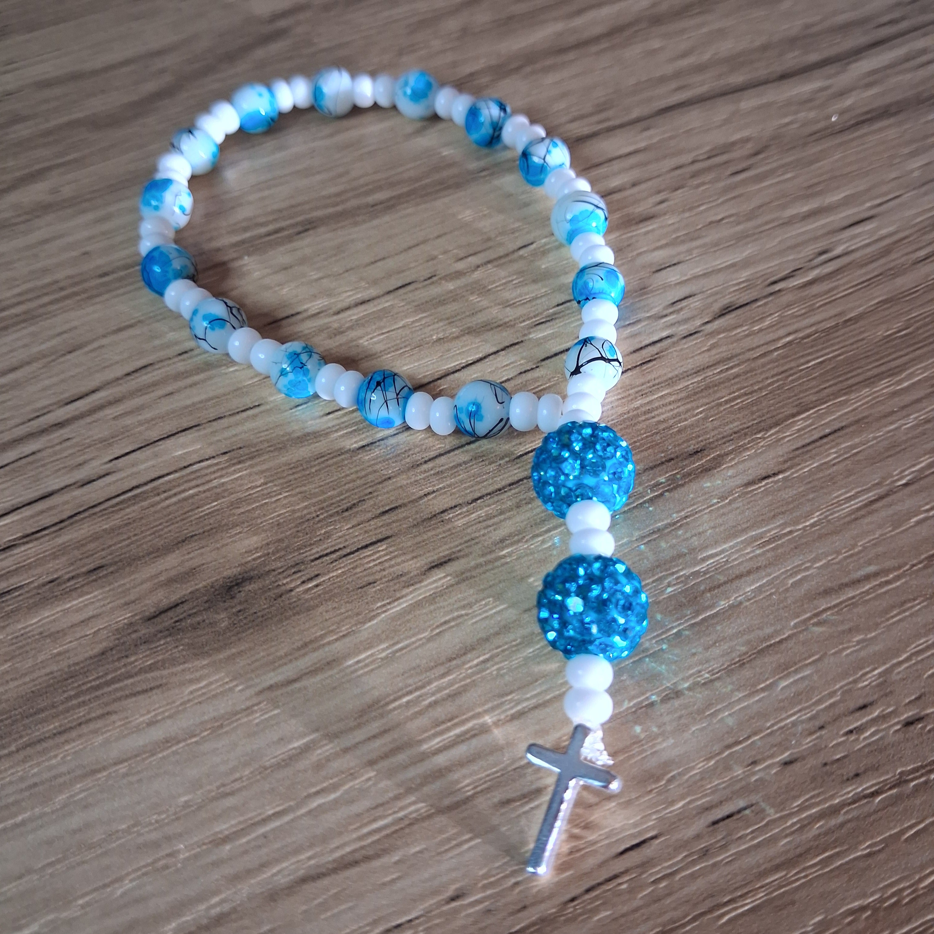 Women's Blue White Rosery Cross Bracelet